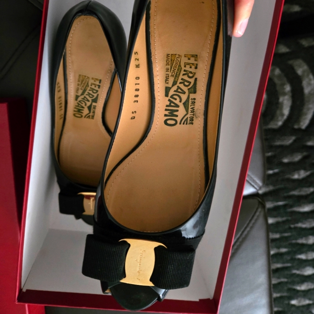 Salvatore Ferragamo Black Wedge Heels with Gold Bow Detail